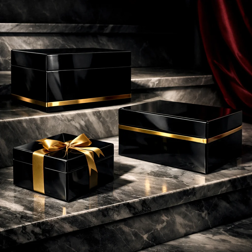 Gouden geschenkdoos met rode linten in noir stijl